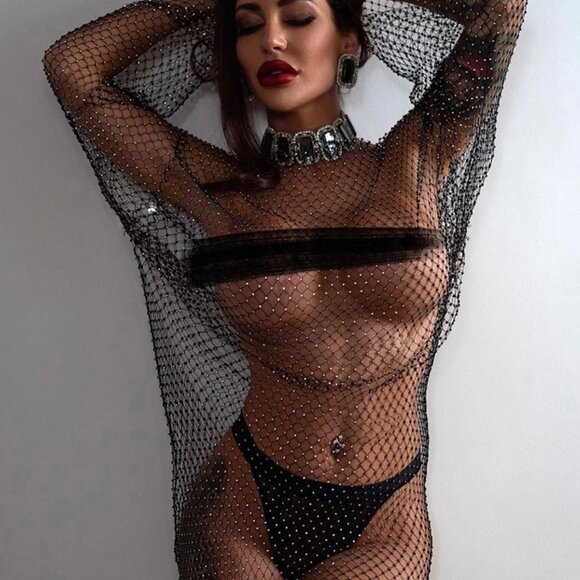 Nightclub Sexy Dress See-Through Mesh Long Sleeve Fishnet Sheer Dress Black - Picture 1 of 7